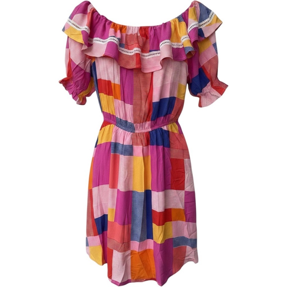Emily Wonder Womens‎ Multicolor Patchwork Off Shoulder Ruffle Mini Dress NWT M